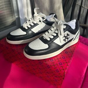 Tory Burch Black and White Nappa Leather Clover Court Sneakers